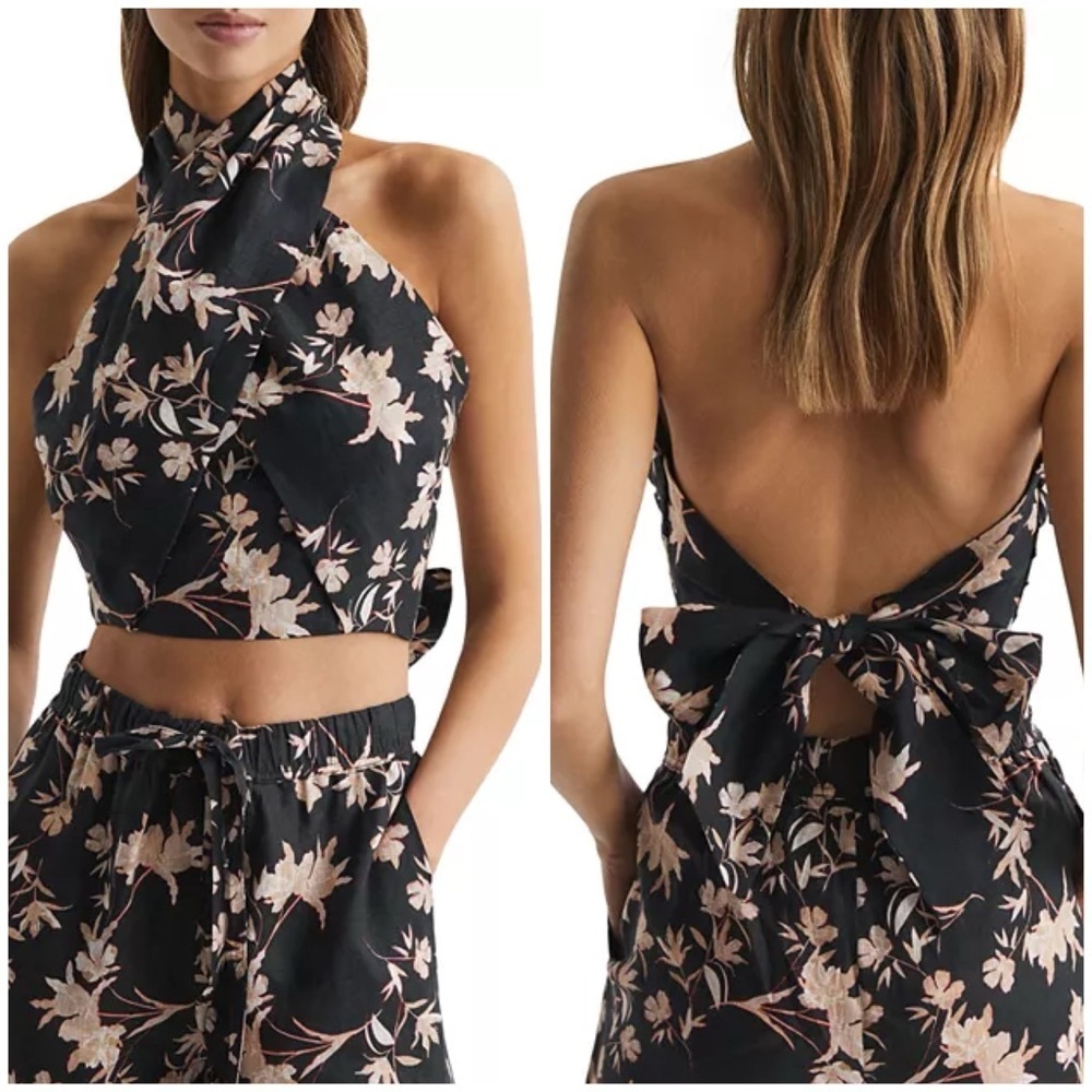 Reiss Ally Linen Halter Top Black Floral Crop Low Open Back Sz 8